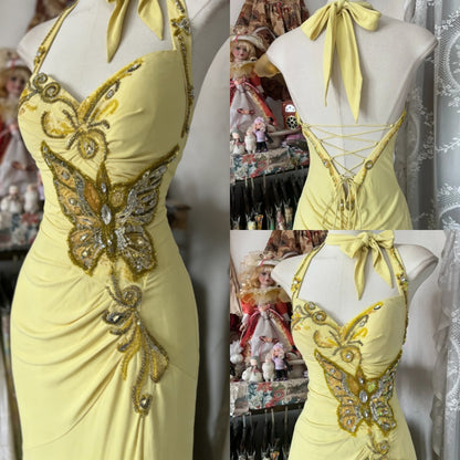 Elegante gelbe Meerjungfrau Abendkleider Neckholder Pailletten Diamant langes Ballkleid Geburtstagsparty Outfit ED01686