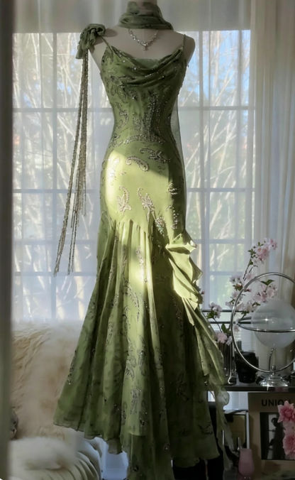 💕 Fairytale Pink Spaghetti Straps Mermaid Evening Gowns Vintage Elegant Beaded Silk Long Prom Dress Guest Dresses  ED01724