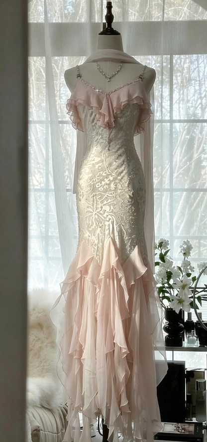 Romantic Vintage Mint Green Chiffon Mermaid Beaded Long Prom Dresses Ruffled Fairytale Birthday Dresses  ED01725