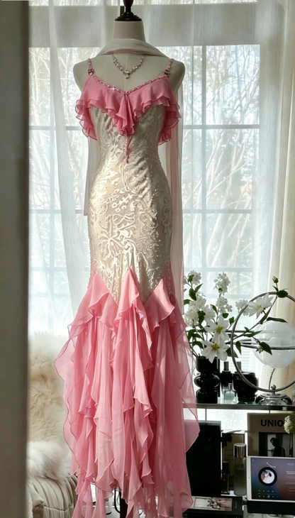 Romantic Vintage Mint Green Chiffon Mermaid Beaded Long Prom Dresses Ruffled Fairytale Birthday Dresses  ED01725
