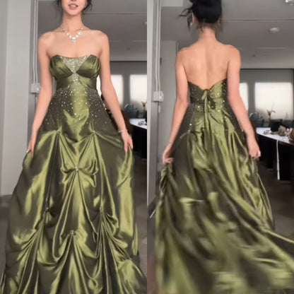 💚Pretty Forest Green A-Line Long Prom Dresses With Silver Beads Sweet Strapless Satin Evening Dresses ED01741