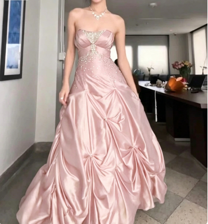 💚Pretty Forest Green A-Line Long Prom Dresses With Silver Beads Sweet Strapless Satin Evening Dresses ED01741
