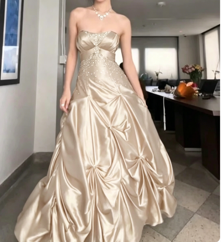 💚Pretty Forest Green A-Line Long Prom Dresses With Silver Beads Sweet Strapless Satin Evening Dresses ED01741