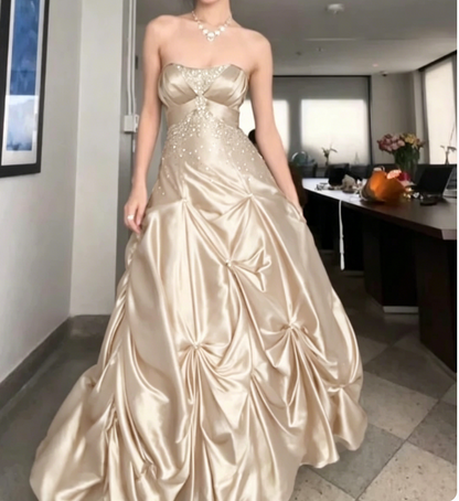 💚Pretty Forest Green A-Line Long Prom Dresses With Silver Beads Sweet Strapless Satin Evening Dresses ED01741