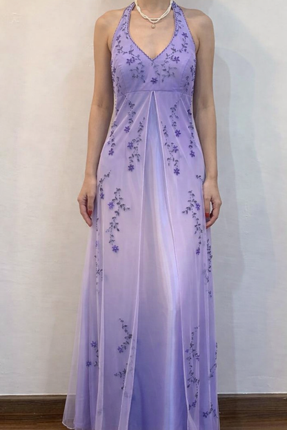 Vintage Gradient Purple Sheath Halter Neck Satin Prom Dress with Beaded Appliques ED01791
