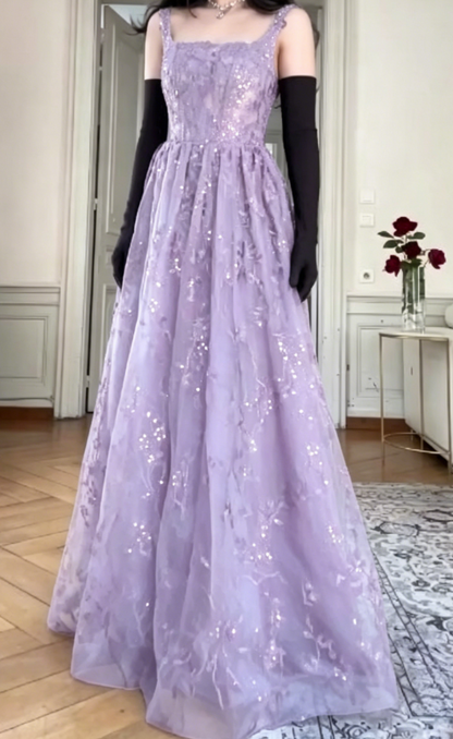 Elegantes Marineblaues A-Linie Spaghettiträger Tüll Stickerei Applikation Langes Ballkleid Abendkleid ED01797