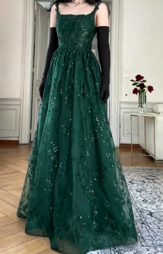 Elegantes Marineblaues A-Linie Spaghettiträger Tüll Stickerei Applikation Langes Ballkleid Abendkleid ED01797