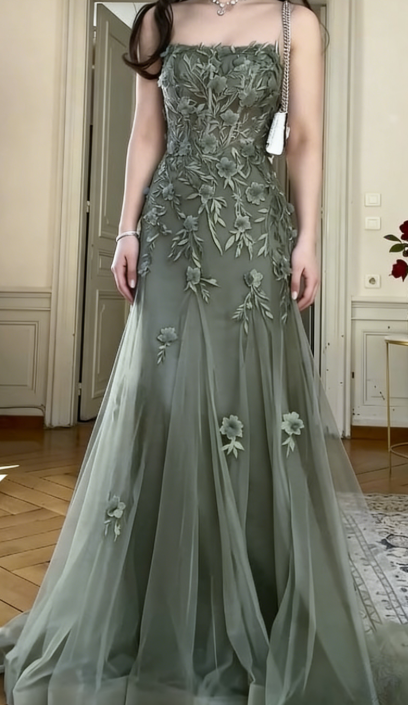 Elegant Blue Tulle A-Line Spaghetti Strap Appliqué Long Prom Dress Evening Dress ED01799