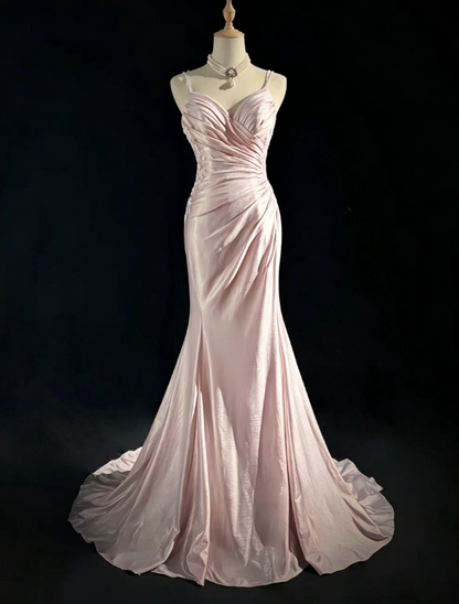 Satin Spaghetti Straps Pink Mermaid Evening Dress 