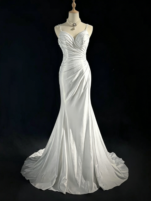 Satin Spaghetti Straps White Mermaid Evening Dress 