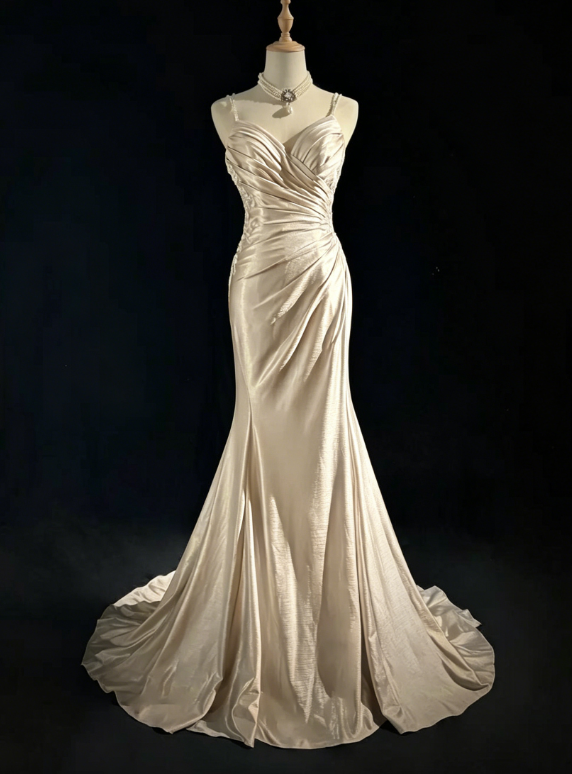 Satin Spaghetti Straps Champagne Mermaid Evening Dress 