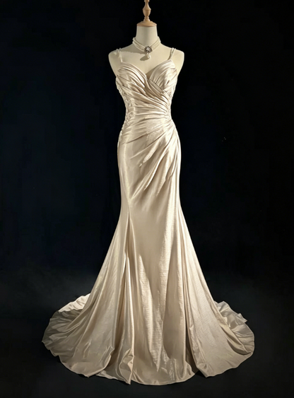 Satin Spaghetti Straps Champagne Mermaid Evening Dress 