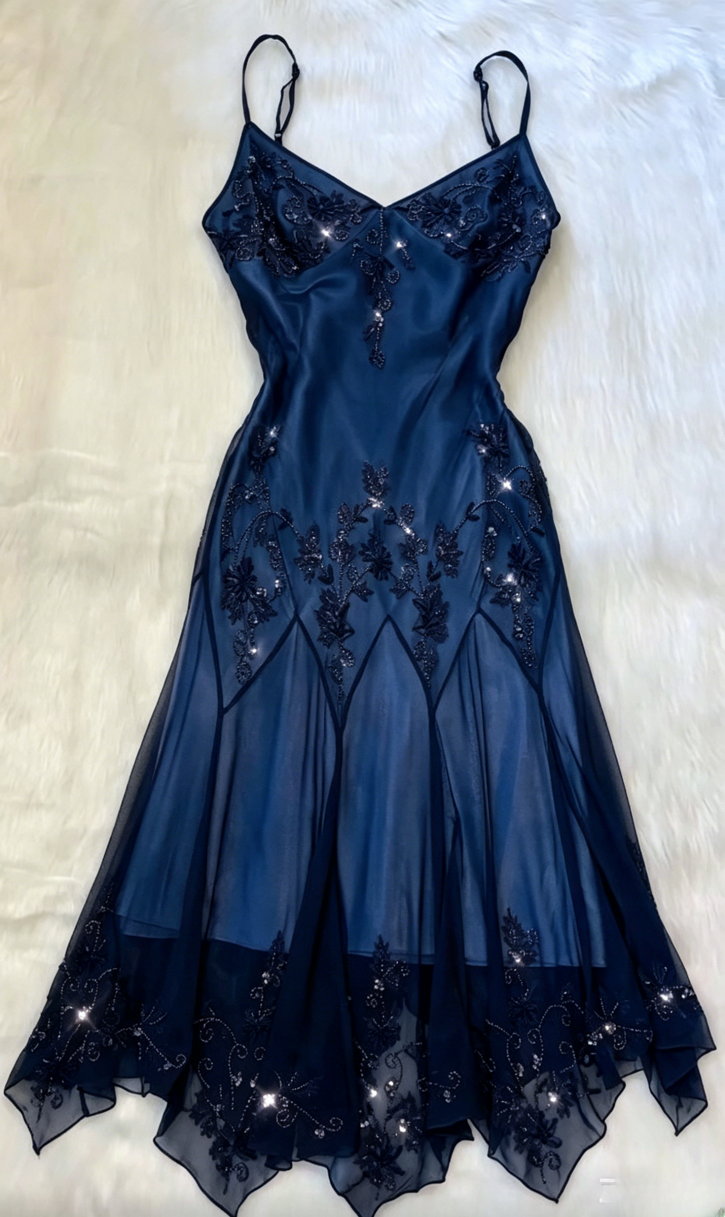 Vintage-Inspired Prom Dresses Under $180🩵Gothic Spaghetti Straps Blue Satin Chiffon Sheath Evening Dress with Beading ED01891