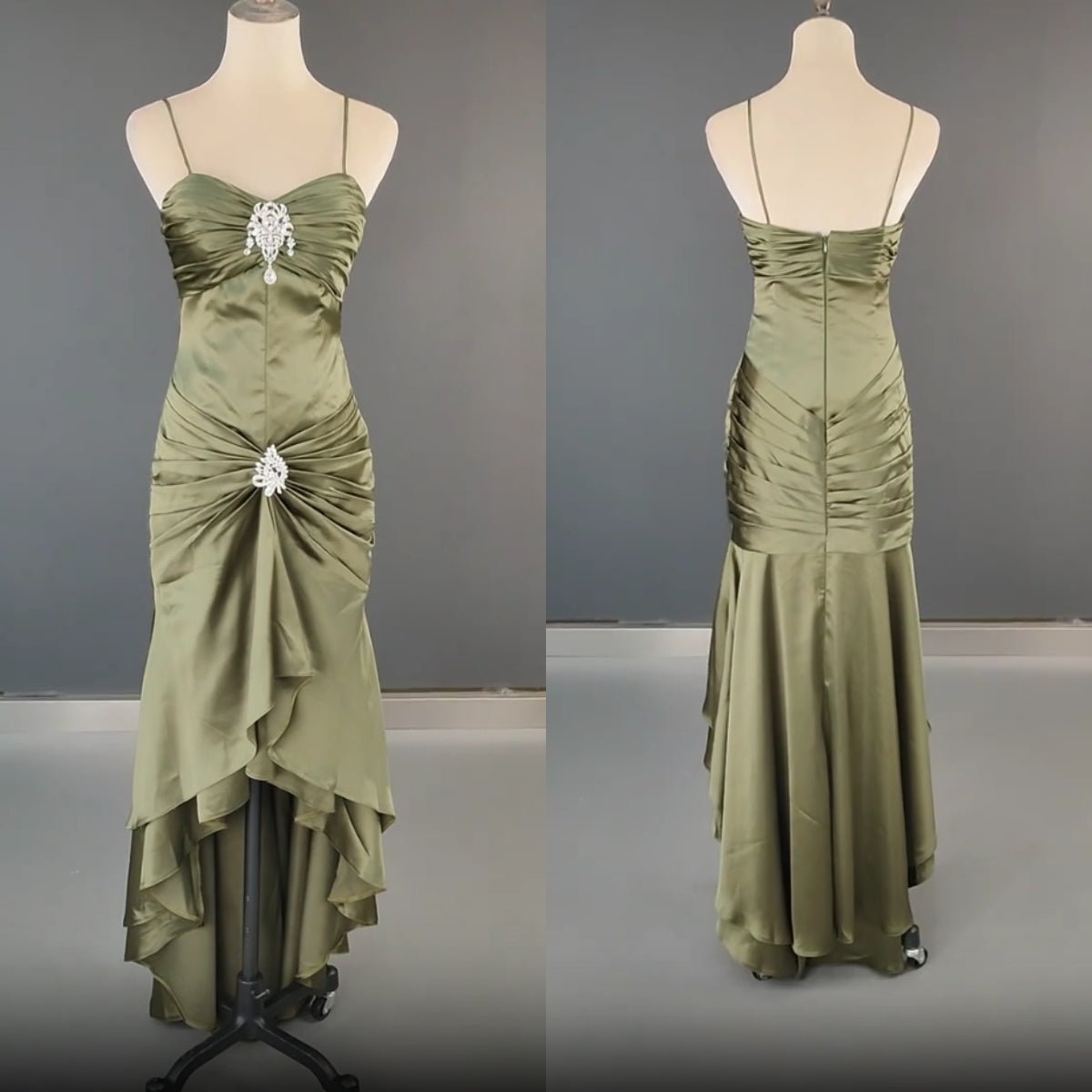 Elegant Spaghetti Strap Mermaid Satin Dark Green Long Prom Dress Gorgeous Evening Dress ED01896