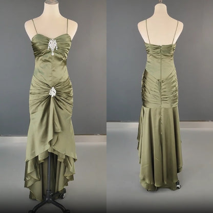 Elegant Spaghetti Strap Mermaid Satin Dark Green Long Prom Dress Gorgeous Evening Dress ED01896
