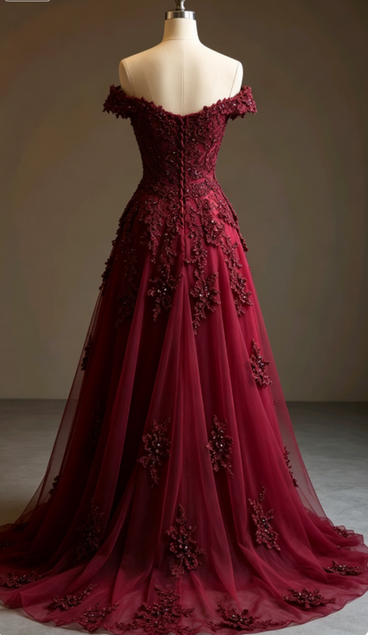 Gorgeous Red A-line Off-the-shoulder Tulle Beaded Long Prom Dress Formal Applique Evening Dress ED01977