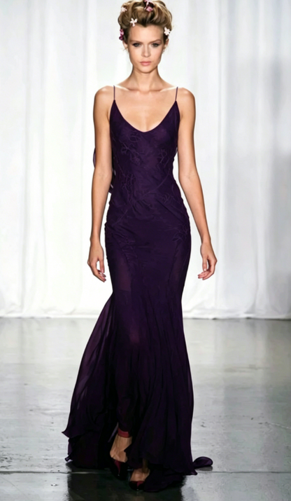 Elegant Burgundy Spaghetti Straps Mermaid Backless Chiffon Long Prom Dress ED01978