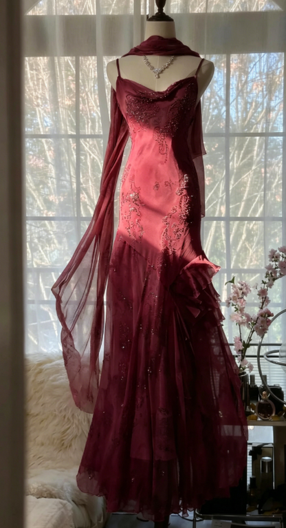Vintage Spaghetti Straps Printed Chiffon Sheath Sparkling Beaded Evening Dress ED02018