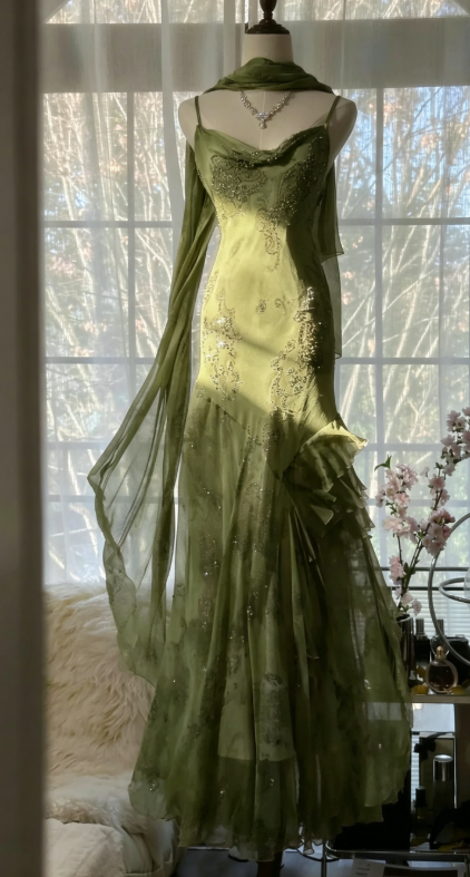 Vintage Spaghetti Straps Printed Chiffon Sheath Sparkling Beaded Evening Dress ED02018