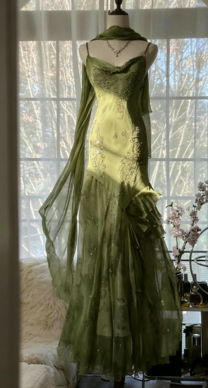 Vintage Spaghetti Straps Printed Chiffon Sheath Sparkling Beaded Evening Dress ED02018