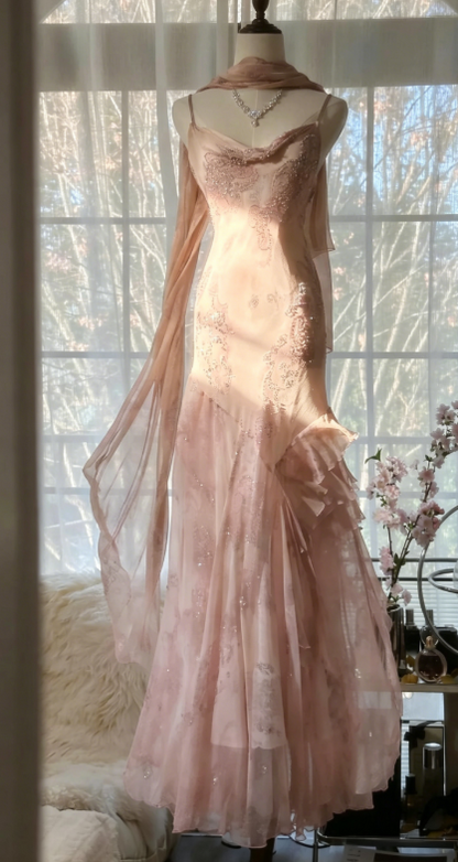 Vintage Spaghetti Straps Printed Chiffon Sheath Sparkling Beaded Evening Dress ED02018