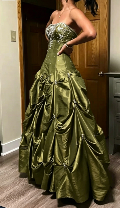 Elegant Red Brown Strapless A-Line Satin Beaded Long Prom Dresses ED02067