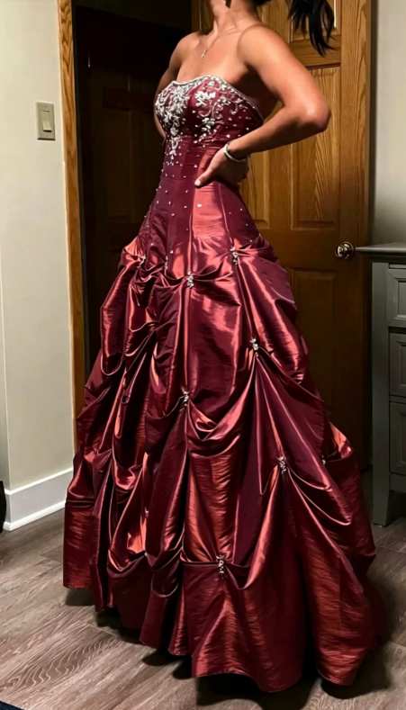 Elegant Red Brown Strapless A-Line Satin Beaded Long Prom Dresses ED02067