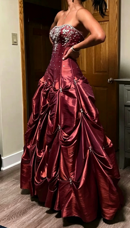 Elegant Red Brown Strapless A-Line Satin Beaded Long Prom Dresses ED02067