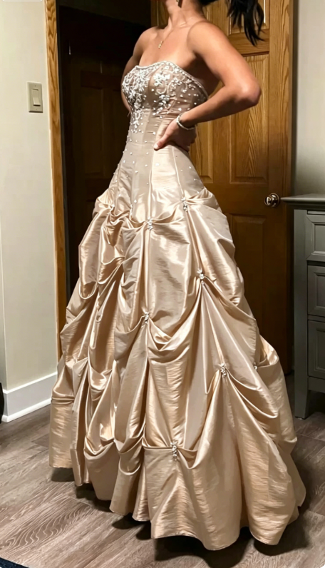 Elegant Red Brown Strapless A-Line Satin Beaded Long Prom Dresses ED02067