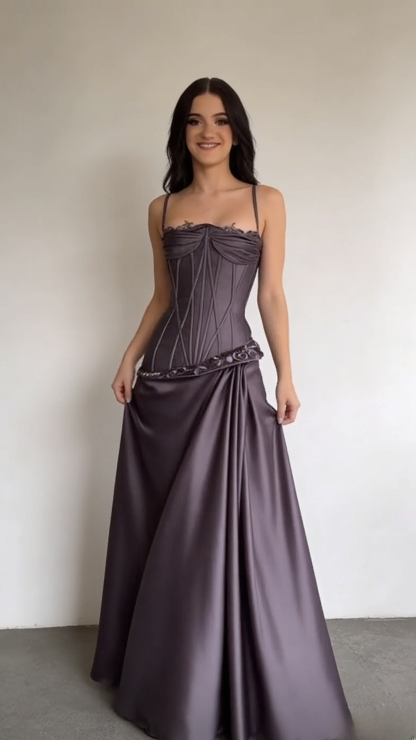 Elegant  Gray Purple Spaghetti Straps Sheath Satin Evening Dress Long Prom Dresses ED02086