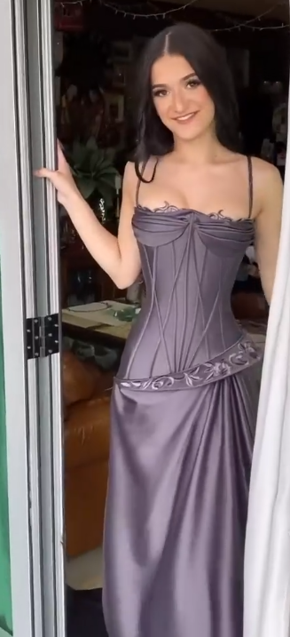 Elegant  Gray Purple Spaghetti Straps Sheath Satin Evening Dress Long Prom Dresses ED02086