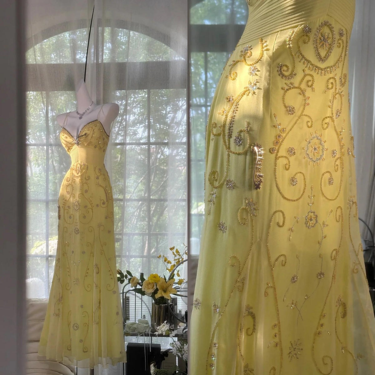 Wunderschönes, buttergelbes Spaghettiträger-A-Linien-Tüll-Ballkleid mit Perlen, rückenfreies Abendkleid ED02094