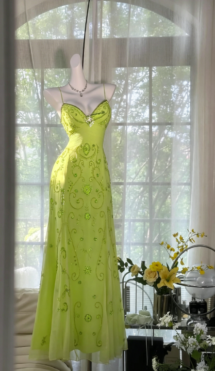 Gorgeous Butter Yellow Spaghetti Straps A-line Tulle Beaded Long Prom   EvaFashionDress