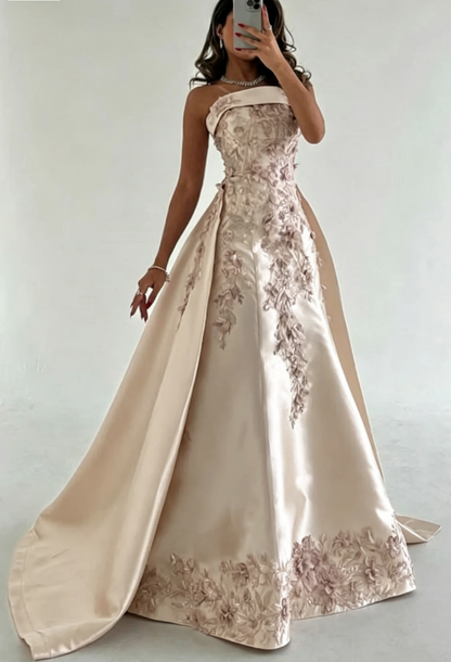 Elegant Pink  A-Line Strapless Satin Prom Dress with Appliques Train Evening Gowns ED02268