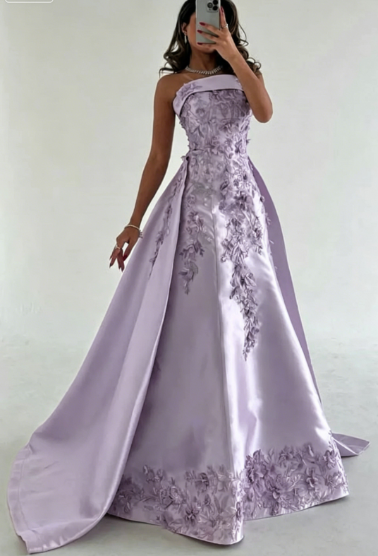 Elegant Pink  A-Line Strapless Satin Prom Dress with Appliques Train Evening Gowns ED02268