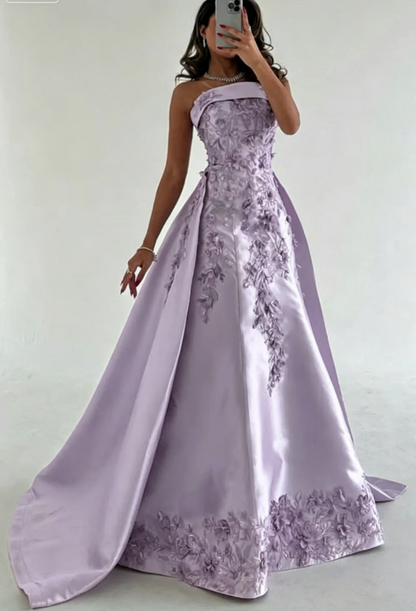 Elegant Pink  A-Line Strapless Satin Prom Dress with Appliques Train Evening Gowns ED02268