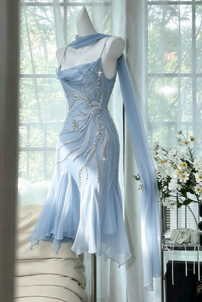 Fairytale Bud Grünes Etuikleid, kurzes Ballkleid, Chiffon, rückenfreies Partykleid mit Perlen ED02275