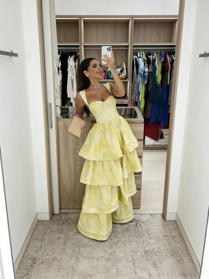 Sweet Butter Yellow Sweetheart Neck A-Line Jacquard Satin Layered Long Prom Dresses Formal Evening Dress ED02298