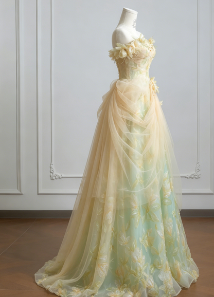 Märchenhaftes schulterfreies A-Linien-Abendkleid mit Tüllapplikationen, langes Ballkleid, süßes Geburtstags-Abendkleid ED02555