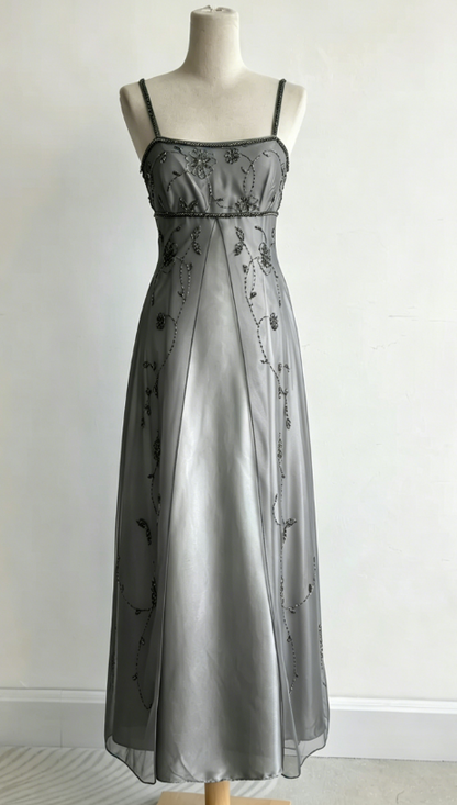 Stunning Green Gradient Spaghetti Strap A-Line Satin Beaded Chiffon Long Prom Dresses Vintage Formal Evening Gowns ED02663