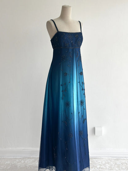 Stunning Green Gradient Spaghetti Strap A-Line Satin Beaded Chiffon Long Prom Dresses Vintage Formal Evening Gowns ED02663