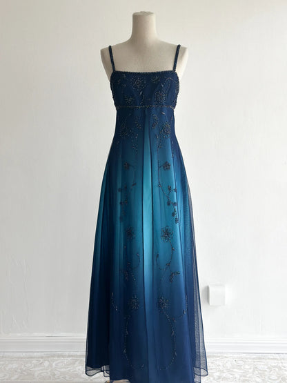 Stunning Green Gradient Spaghetti Strap A-Line Satin Beaded Chiffon Long Prom Dresses Vintage Formal Evening Gowns ED02663