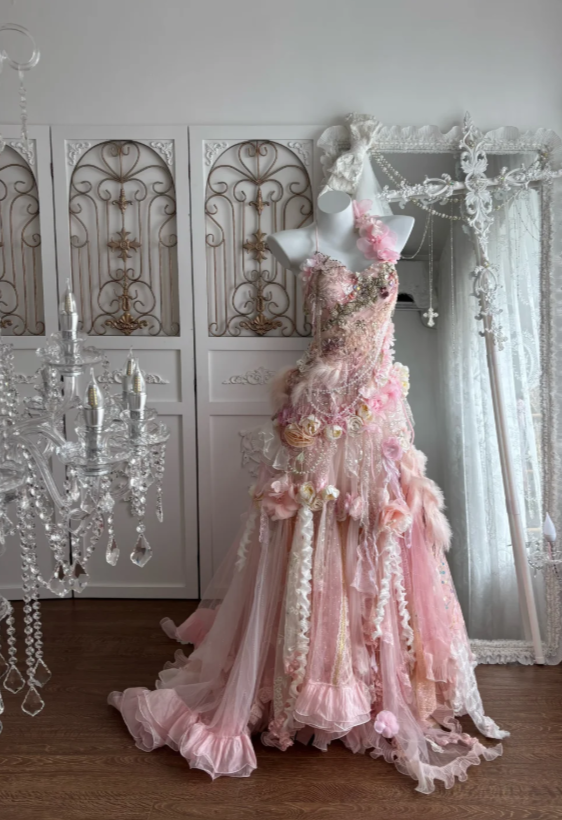 Fairytale Pink Sweetheart Mermaid Tulle Long Prom Dresses Formal Evening Gowns with Appliques ED02713