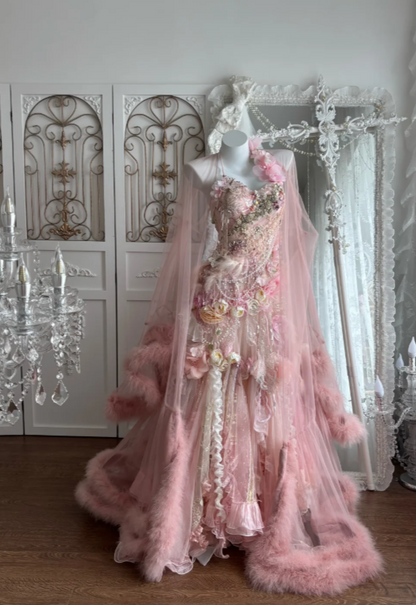 Fairytale Pink Sweetheart Mermaid Tulle Long Prom Dresses Formal Evening Gowns with Appliques ED02713