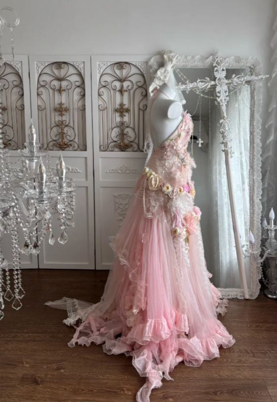 Fairytale Pink Sweetheart Mermaid Tulle Long Prom Dresses Formal Evening Gowns with Appliques ED02713