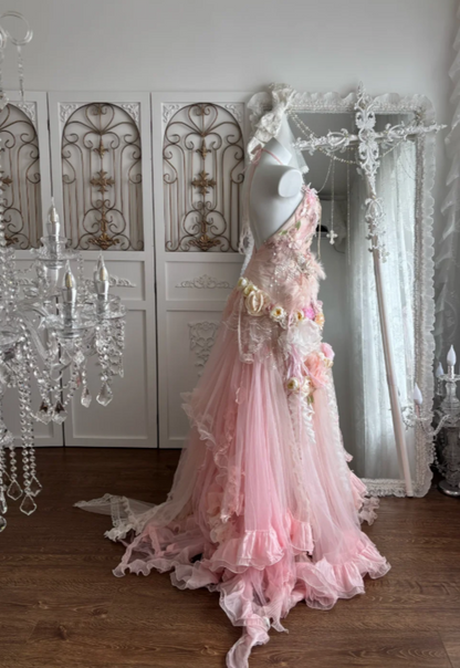Fairytale Pink Sweetheart Mermaid Tulle Long Prom Dresses Formal Evening Gowns with Appliques ED02713