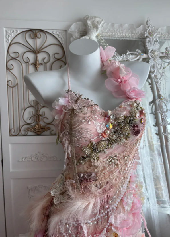 Fairytale Pink Sweetheart Mermaid Tulle Long Prom Dresses Formal Evening Gowns with Appliques ED02713