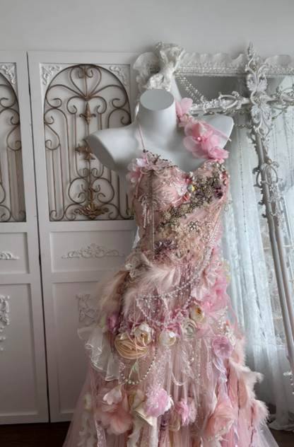 Fairytale Pink Sweetheart Mermaid Tulle Long Prom Dresses Formal Evening Gowns with Appliques ED02713