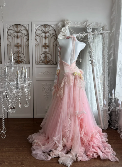 Fairytale Pink Sweetheart Mermaid Tulle Long Prom Dresses Formal Evening Gowns with Appliques ED02713