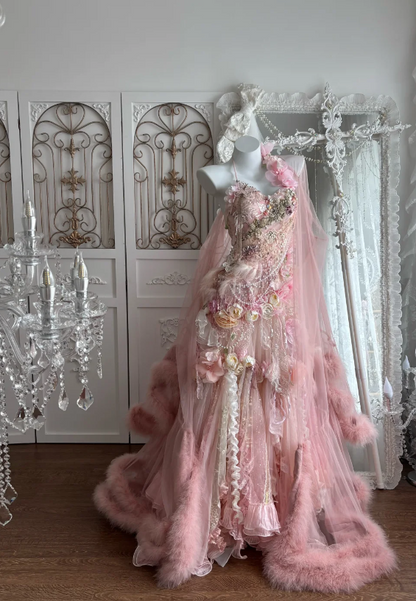 Fairytale Pink Sweetheart Mermaid Tulle Long Prom Dresses Formal Evening Gowns with Appliques ED02713